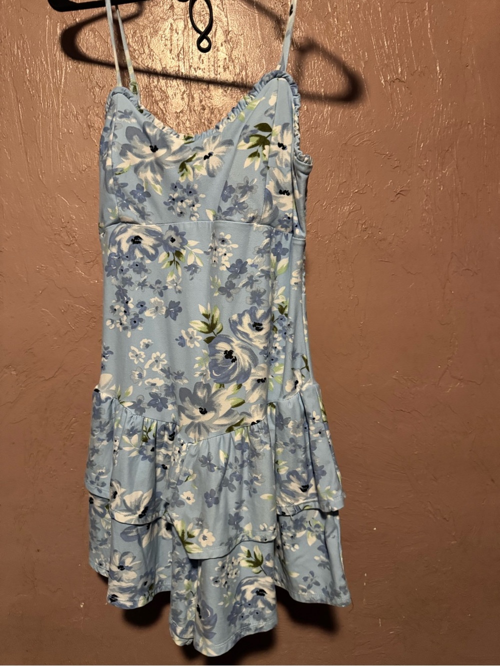 No Boundaries Light Blue Floral Tiered Spaghetti-Strap Mini Dress
